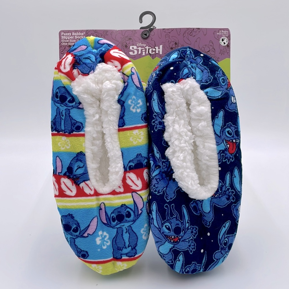 Disney Stitch Fuzzy Babba Slipper Socks with Non-Slip Buttons on Bottom - 2 Pair